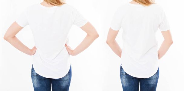 set back views δύο γυναίκες σε t πουκάμισο απομονώνονται σε λευκό φόντο, κολάζ κορίτσι σε tshirt, κενό, πρότυπο, περικοπή πορτρέτο - Φωτογραφία, εικόνα