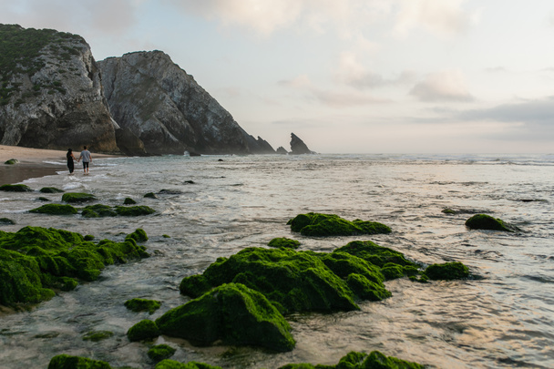 visszapillantás pár séta a strandon zöld moha kövek óceán előtérben - Fotó, kép