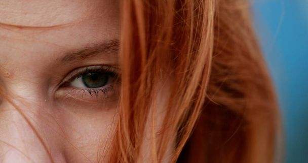 Contemplative meditative redhead woman, eyes closed, girl opening eyes - Photo, Image