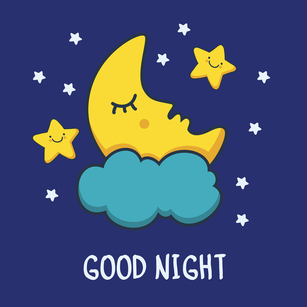Funny sketching sleeping moon and smiling stars. Vector cartoon - Vector, Image