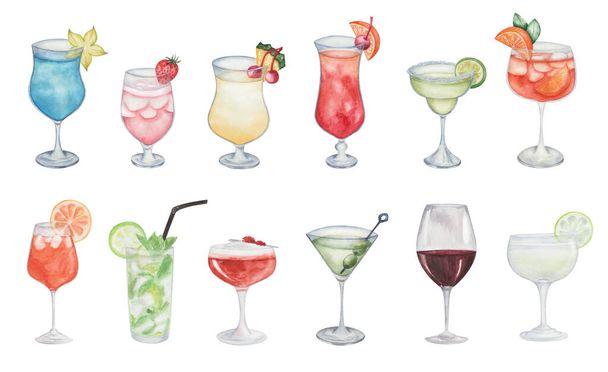 Watercolor illustration of hand painted cocktails. Sex on the beach, margarita, blue lagoon, rum-runner, martini, pina colada, aperol spritz, mojito, clover club, wine, gimlet. Alcohol beverage drinks - Fotó, kép