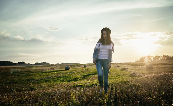 young alonel free sad woman hipster in fall field  - Фото, изображение