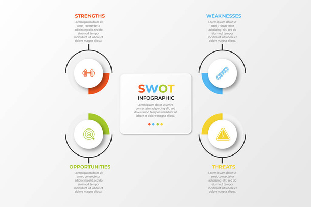 Four colorful elements with text inside placed around circle. Concept of SWOT-analysis template or strategic planning technique. Infographic design template. Vector illustration. - Вектор,изображение