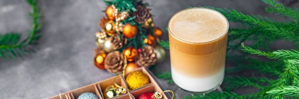 cappuccino hot coffee christmas New Year sweet dessert home holiday atmosphere meal food snack on the table copy space food background rustic top view - Foto, Imagem