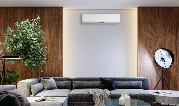 große Luxus moderne helle Innenräume Wohnzimmer mit Klimaanlage-Attrappe Illustration 3D-Rendering - Foto, Bild