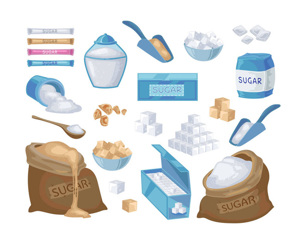 Granulovaný a kostkový cukr karikatura ilustrační set. Taška, blok, balení a tyčinka z hnědého a bílého cukru. Cukr v lžíci a misky izolované na bílém pozadí. Sladké jídlo, sacharosová koncepce - Vektor, obrázek