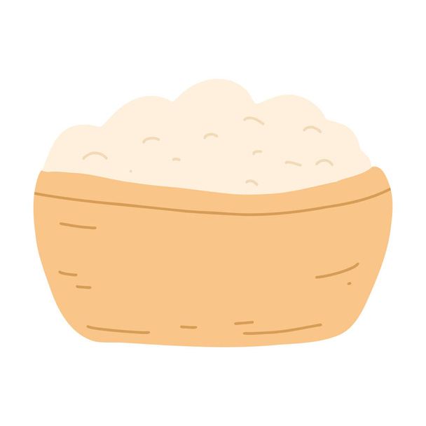 Flour in wooden bowl in cartoon flat style. Vector illustration of organic healthy food, baking ingredients. - Vettoriali, immagini