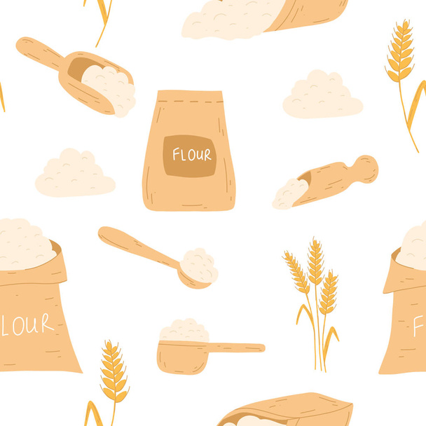 Seamless pattern with baking ingredients in flat style on white background. Bag with flour, wheat ear spikelet, wooden scoop. Vector illustration of pastry cooking for backery packaging, flour - Vector, Image