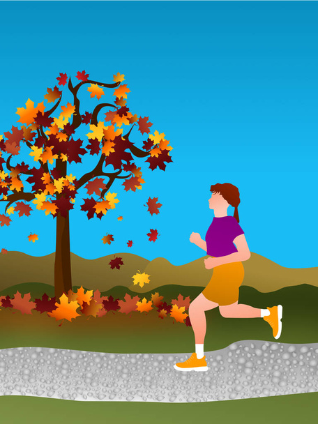 Mulher correndo no parque ou na floresta em um dia ensolarado de outono - Vetor, Imagem