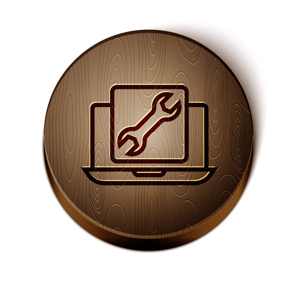 Brown line Laptop with wrench icon isolated on white background. Adjusting, service, setting, maintenance, repair, fixing. Wooden circle button. Vector. - Vektor, obrázek