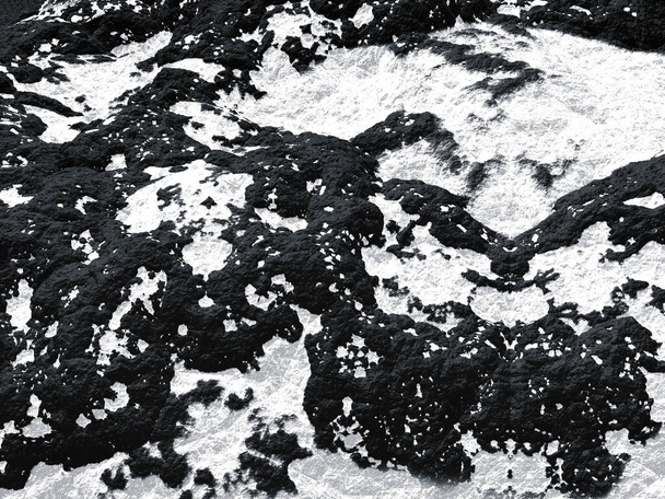 3d illustration, texture of rough black volcanic stones with snow - Фото, изображение