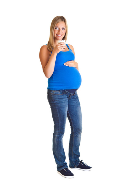 Pregnant woman with glass of milk isolated on white - Fotoğraf, Görsel