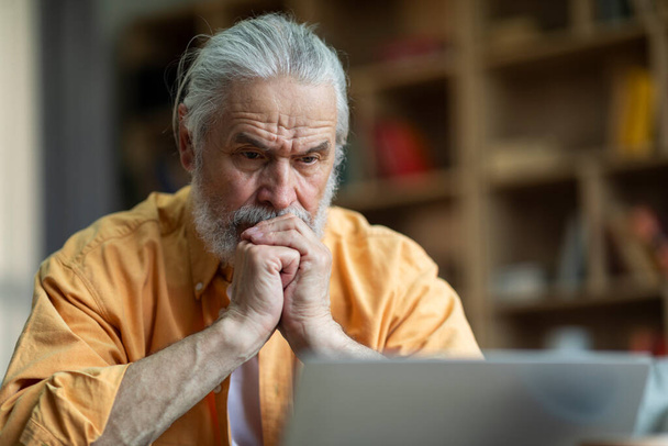 Concentrated grey-haired senior man pensioner sitting in front of laptop at home, leaning on his hands, looking at computer screen, working online, closeup shot, copy space - Photo, Image