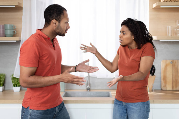 Sad angry young african american guy and lady in same t-shirts quarrel and gesticulate in kitchen interior. People emotions, relationship problems, stress and scandal, breakup at home due covid-19 - Photo, Image