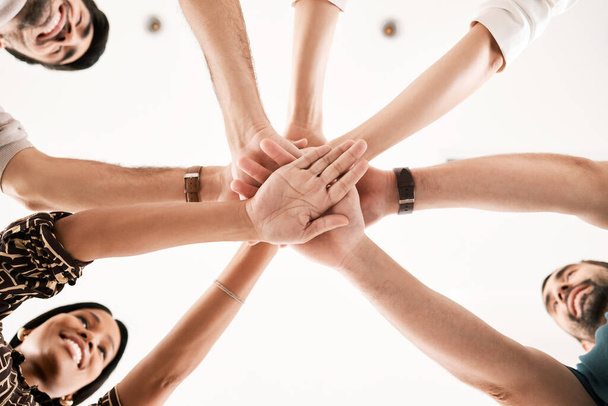 Teamwork, support and hands of business people in motivation, vision and innovation team building. Networking, collaboration and diversity with employees in goals, strategy and success meeting. - Foto, Imagen