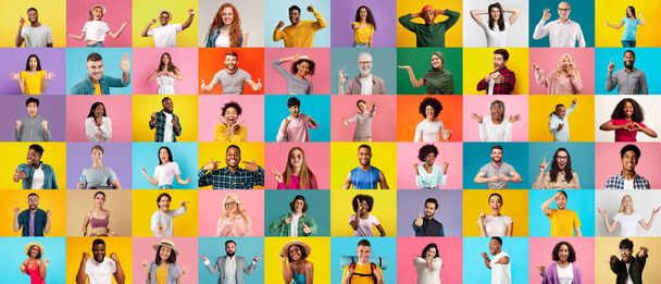 Happy emotional excited young and adult different guys and women gesticulate, laugh and show signs with hands isolated on colorful background, studio. Idea, joy, fun, success and win, copy space - Foto, Imagen