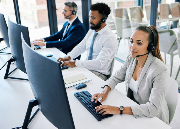 Diversity, call center and customer support team or people with telemarketing, contact us and consulting worker working. Consultant, communication and happy insurance service employee with headset - Foto, Imagen