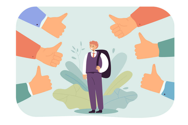 Pupil with backpack surrounded by thumbs up. Boy in official suit being respected by society flat vector illustration. Education, public opinion concept for banner, website design or landing web page - Vektori, kuva