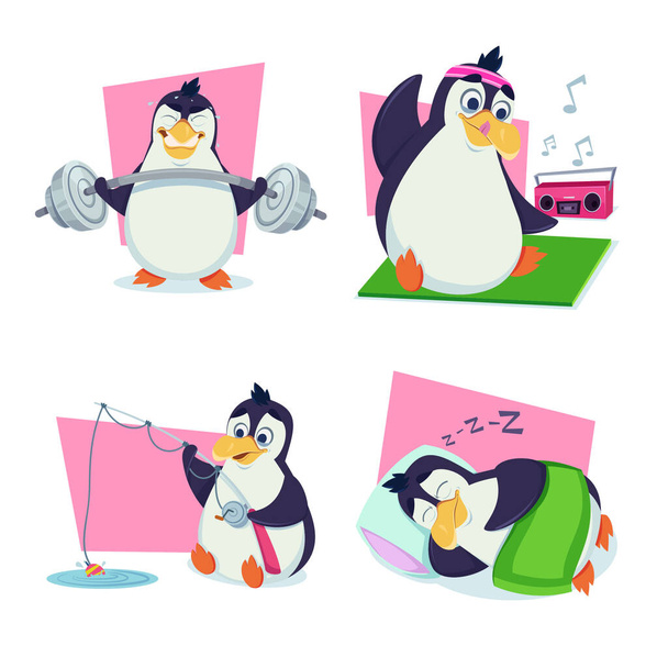 Set of cute hand-drawn penguins lifting barbell, stretching to music, fishing, sleeping - Vector, imagen