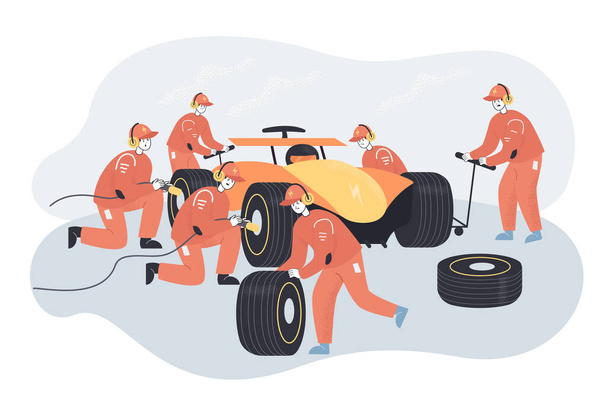Car repair at sport races by professional team of mechanics. Racer and technicians in uniform repairing car on pit stop flat vector illustration. Maintenance service during competition concept - Vector, Image