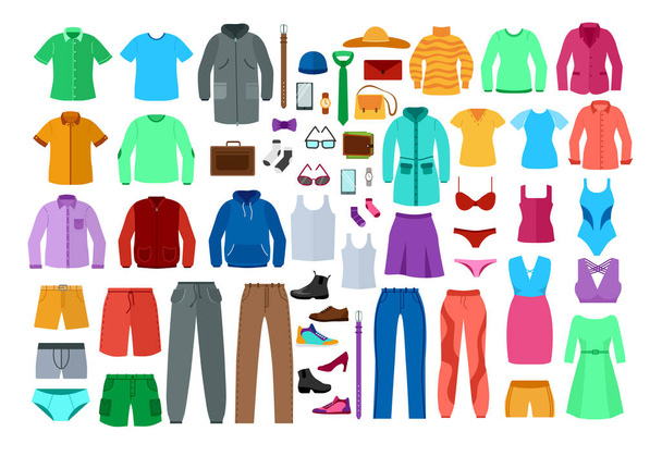 Set van kleurrijke kleding voor mannen en vrouwen. Cartoon vector illustratie. Mannelijke en vrouwelijke kleding zoals jassen, shirts, truien, jurken, broeken, jeans, ondergoed. Mode, outfit, accessoire concept - Vector, afbeelding