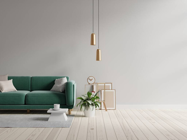 Зелений диван зі столом на сірій стіні та дерев'яною підлогою.3d візуалізація
 - Фото, зображення