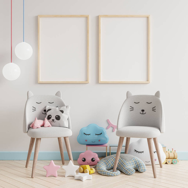 Mockup frame in the children's room with gray armchair on wall white background.3d rendering - Foto, Bild