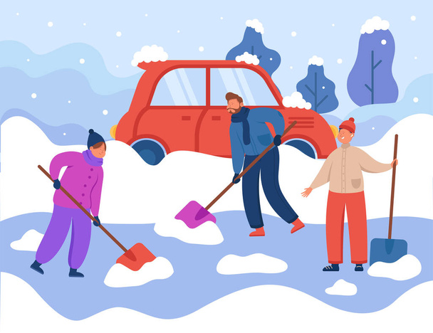 La gente limpia el camino cubierto de nieve después de la tormenta de invierno. Las personas que trabajan con palas, la eliminación de hielo para la conducción de automóviles ilustración vector plano. Temporada de invierno y concepto de problemas climáticos - Vector, imagen