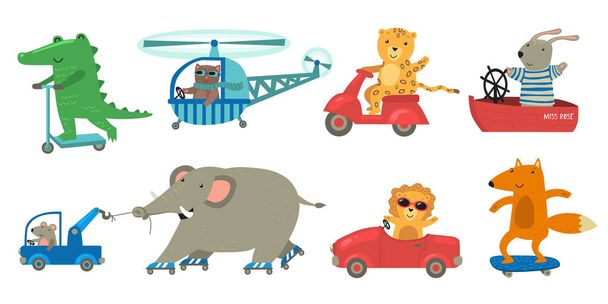 Lindos animales montando juguete conjunto de transporte. Feliz león divertido, cocodrilo, conejito viajando en helicóptero, barco, moto, monopatín. Personajes de dibujos animados para transporte o concepto de conducción - Vector, imagen