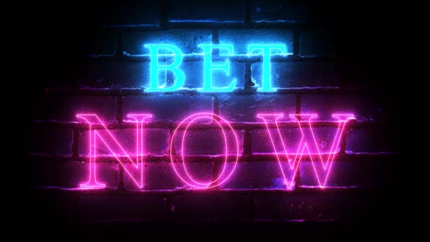 Bet Now glowing neon inscription on brick wall background. Betting concept. - Video, Çekim