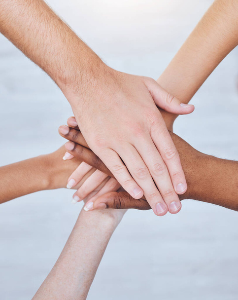 Support hands, solidarity and team building collaboration people together and united. Trust, help and social circle for diverse union of multicultural relationship to care and understand - 写真・画像