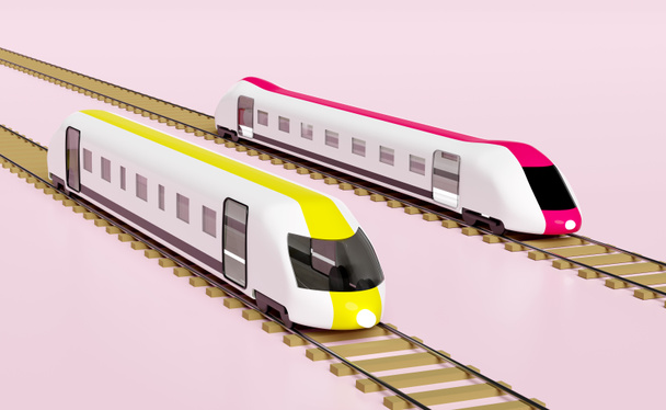 3d two bullet train cartoon with railroad tracks, sky train transport toy, summer travel service, planning traveler tourism train isolated on pink background. 3d render illustration, clipping path - Foto, afbeelding