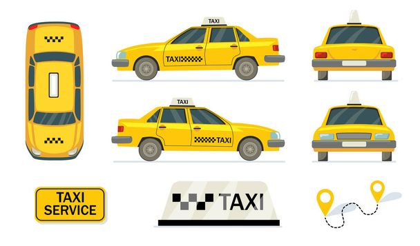 Táxis amarelos. Lado, topo, vista para trás dos carros de táxi. Ilustrações vetoriais para transporte urbano, viagens, conceito de serviço urbano - Vetor, Imagem