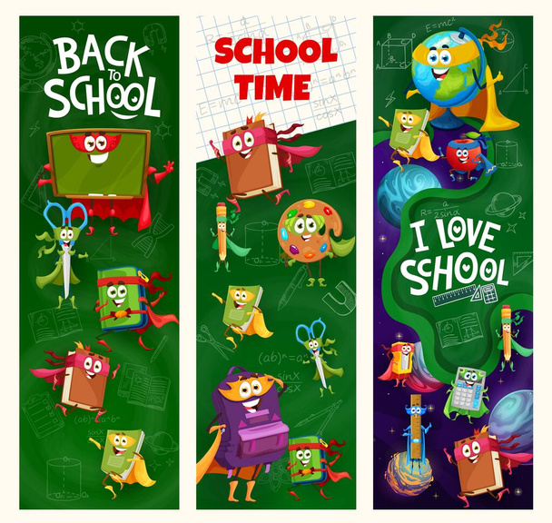 Cartoon school education superhero characters. Back to school banners, vector vertical background with scissors, book, textbook and palette, backpack, pencil school supplies hero funny character - Vector, Image