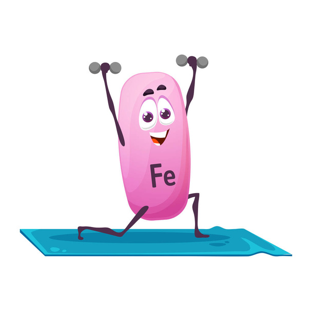 Cartoon Fe mineral character on yoga, cheerful ferrum or iron personage fitness exercises. Isolated vector funny capsule stand on mat with dumbbells. Nutrient bubble sportsman weight training in gym - Vector, imagen