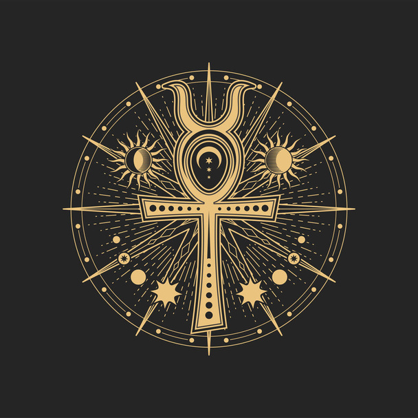 Mason sign, occult and esoteric symbol. Egyptian Ankh sign, vector magic tarot cards, sacred cross, star rays, sun and moon inside of golden circle. Religion spiritual occult amulet, tattoo design - Vector, Image