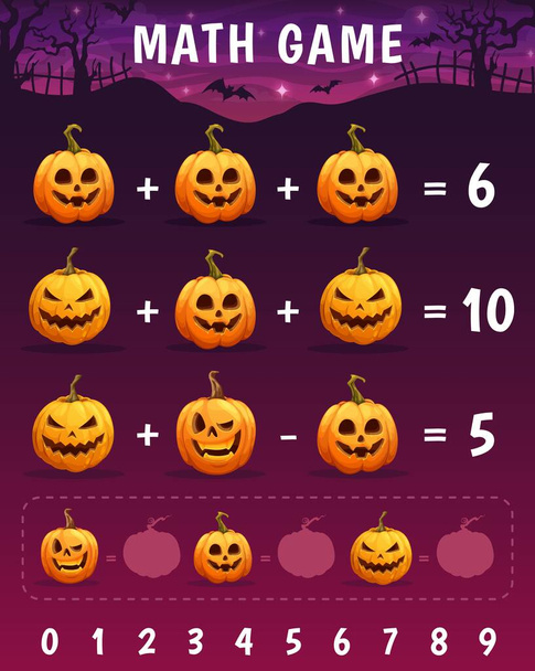 Cartoon Halloween pumpkin characters. Math game worksheet. Children math puzzle or kids playing activity vector worksheet with Halloween pumpkin Jack o lantern carved smiling faces, cemetery fence - Vector, afbeelding