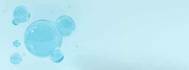 Blue ball 3d rendering illustration of beautiful glass liquid soap bubble water background texture banner. Sphere abstract design. Nature creative idea minimal scene. - Foto, Imagem
