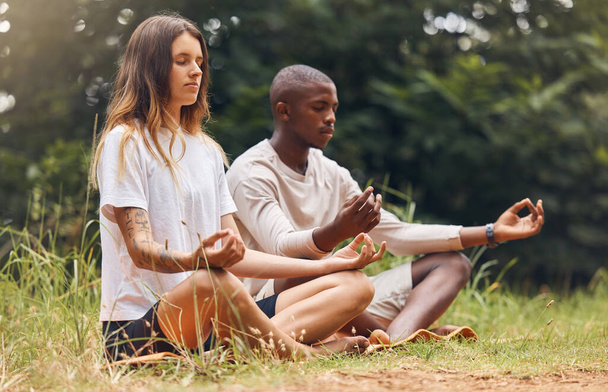 Forest yoga, nature meditation and couple in zen, relax or health mind training for energy wellness or peace. Interracial man or woman on floor in sustainability wood trees for mental health exercise. - Фото, изображение