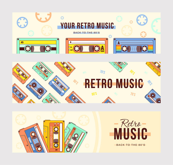 Creatieve banner ontwerpen met compacte cassettes. Levendige brochures met vintage cassettes. Retro muziek en audio-apparatuur concept. Model voor poster, promotie of webdesign - Vector, afbeelding