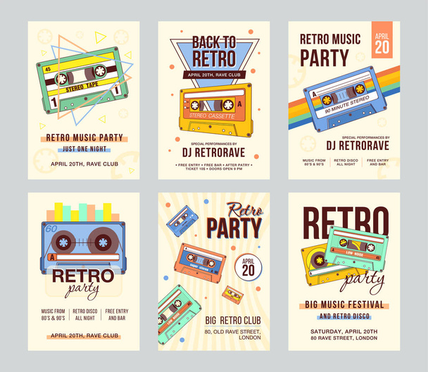 Promotional invitation designs with vintage audiocassettes. Creative banner invitations with compact cassettes for party. Retro music and audio equipment concept. Template for leaflet, banner or flyer - Vector, Image