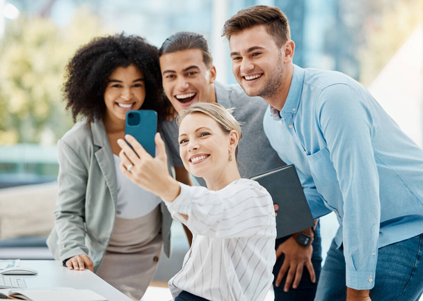 Teamwork selfie, phone and playful or fun people for social media, contact us or about us website page. Happy smile or creative diversity business women or office friends with mobile photography tech. - Foto, imagen