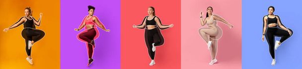 Glad slender international young female athletes in sportswear, overweight ladies drawn around, practicing yoga doing exercises, isolated on colorful background, collage. Body care and workout in gym - Zdjęcie, obraz