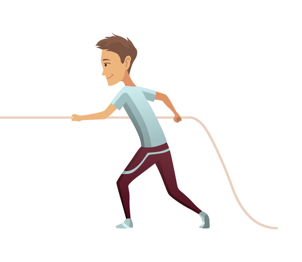 Kid pulling rope. Boy game tug of war, children competition, happy boy play outdoors, equal and counteracting forces. Concept of sports activity for kids. - Vector, afbeelding