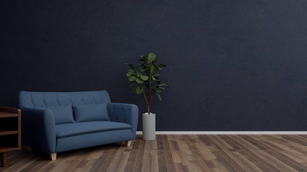 Modern Cozy Minimalist Living Room Interior Design, Blue Sofa, Wooden Floor And Side Table And Green Plant With Dark Grungy Wall Background 3D Render. - Photo, image