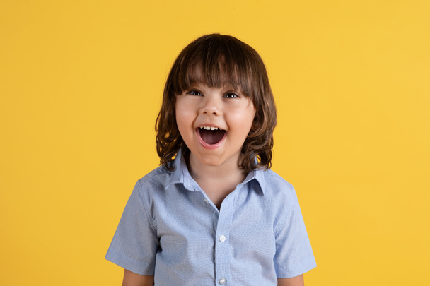 Great offer. Close up portrait of cute little excited boy feeling surprised and amazed, smiling with open mouth, yellow studio background - Zdjęcie, obraz