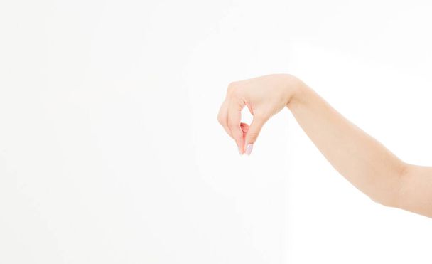 Ženská ruka držet neviditelné předměty izolované na bílém pozadí. Kopírovat prostor - Fotografie, Obrázek