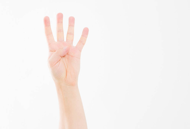 male hand shows four fingers. Gesture. caucasian arm. Mock up. Copy space. Template. Blank. - Fotografie, Obrázek