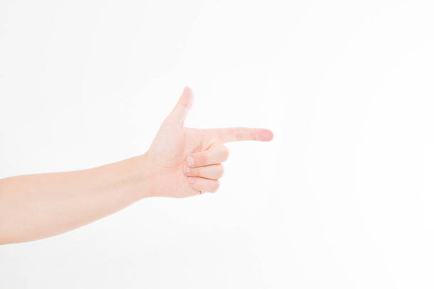 male hand pointing. Isolated on white background. caucasian hand. Mock up. Copy space. Template. Blank. - Photo, Image