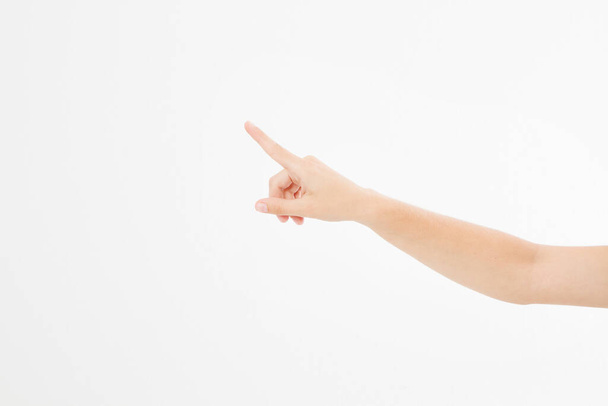 finger point isolated white background. caucasian hand. Mock up. Copy space. Template. Blank. - Photo, Image